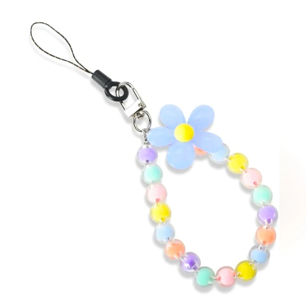 Colorful Pastel Beaded Flower Wrist Phone Lanyard Bracelet Keychain NWT